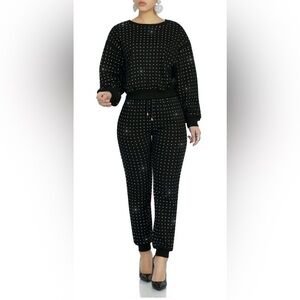 Kosmios Black Rhinestone Studded Two-Piece Sweatsuit | Top M / Pants L